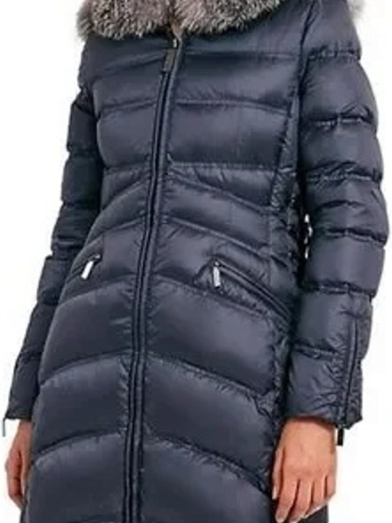 Dawn Levy Cloe Womens Blue Down Puffer Coat Real Fox Fur Hood Large L Nwt — image 5 of 8